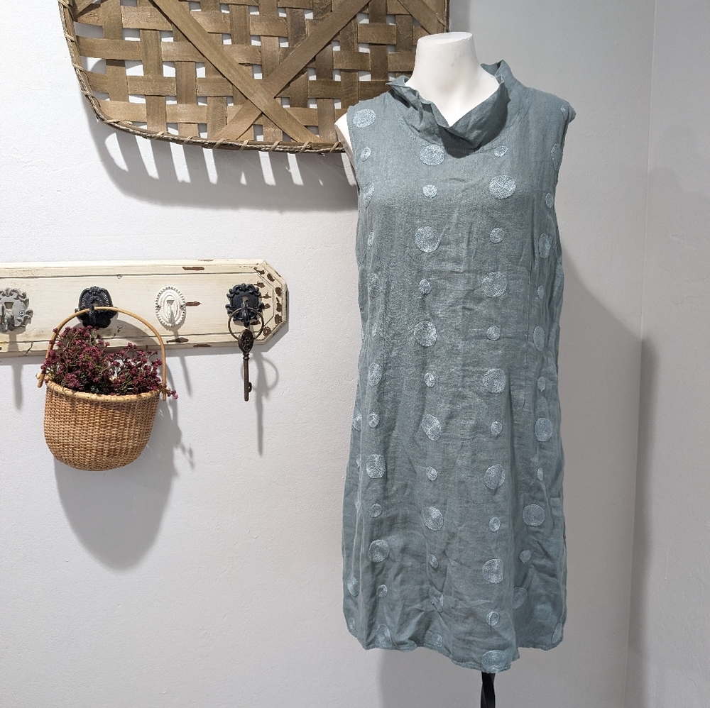 Lina Tomei‎ Womens Dress Linen Shift Embroidered blue  Sz Large G